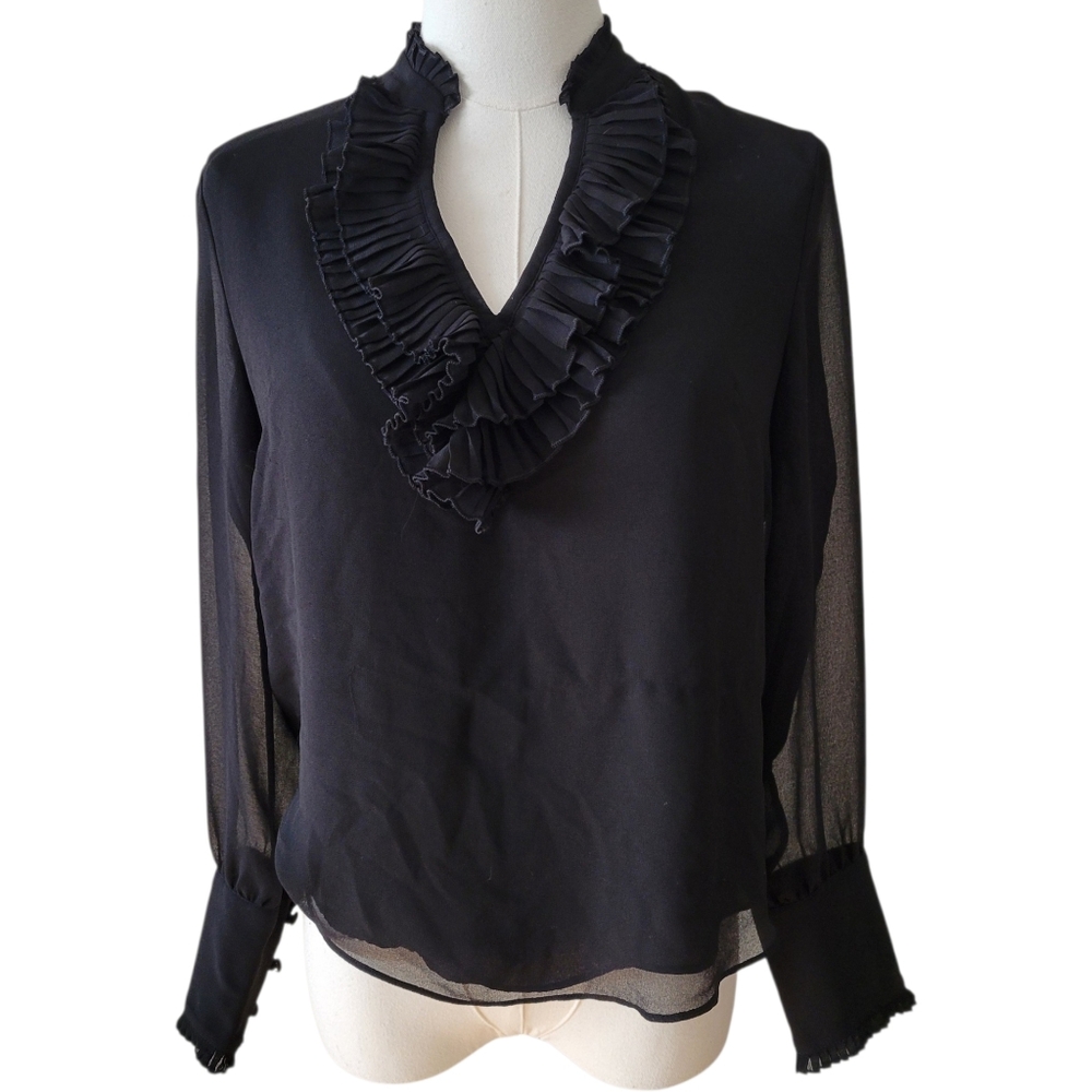 WHBM‎ Black Ruffled Chiffon Blouse Top Size 2 Petite